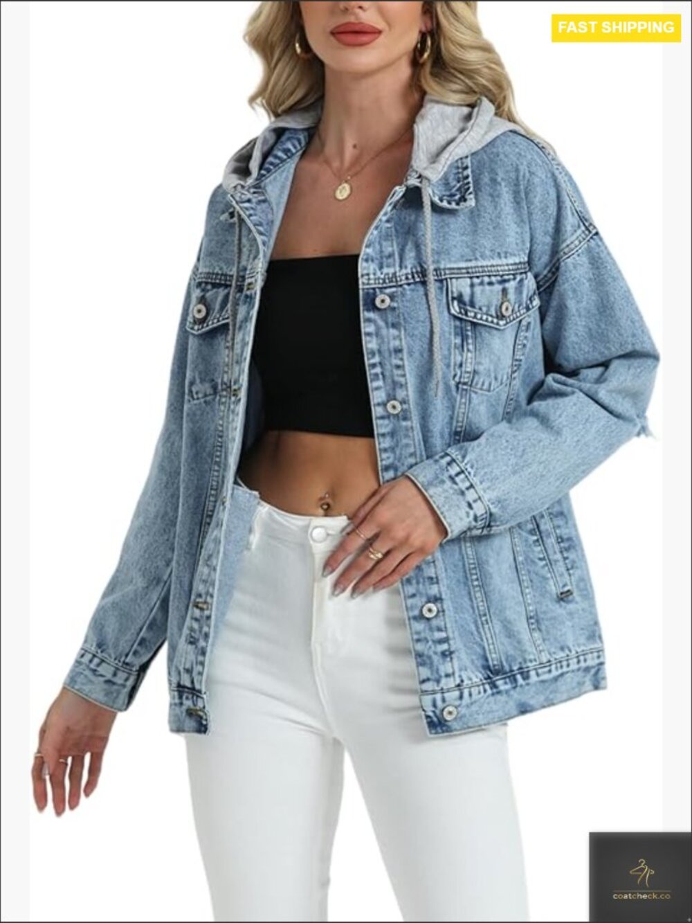 Oversized Distressed Denim Jacket With Detachable Hood Long Trucker Coat